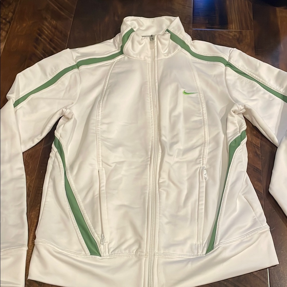 Vintage Nike Women's White and Green Jacket NBC Studios